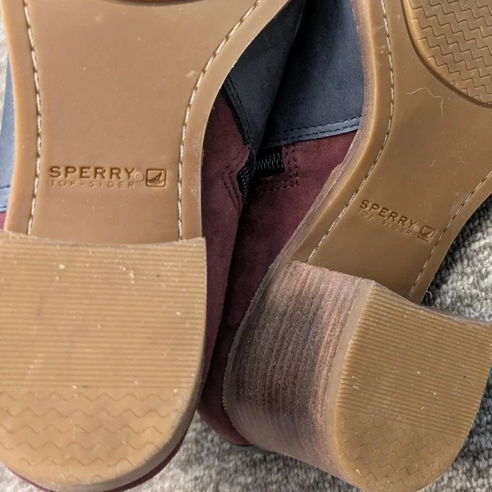 Sperry Ankle Boots Women's Size 7 Navy Blue Burgundy‎ Suede Leather Block Heel